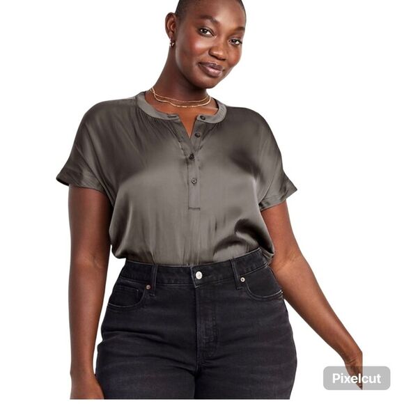 Old Navy Stone Grey‎ Dolman Sleeve Mandarin Neckline Satin Blouse Shirt - Picture 4 of 8